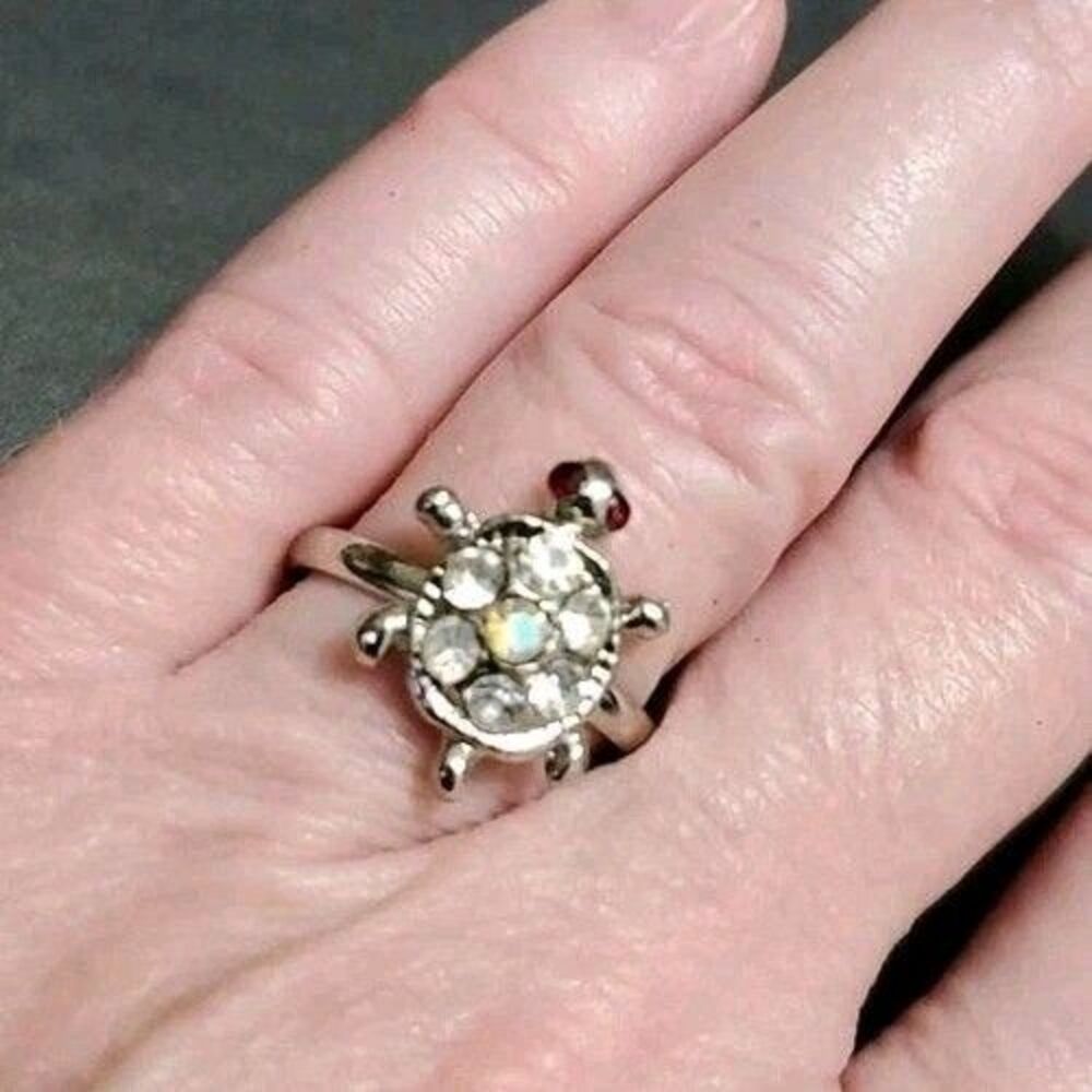 Silver Tone Turtle Ring Rhinestone Accents Adjustable